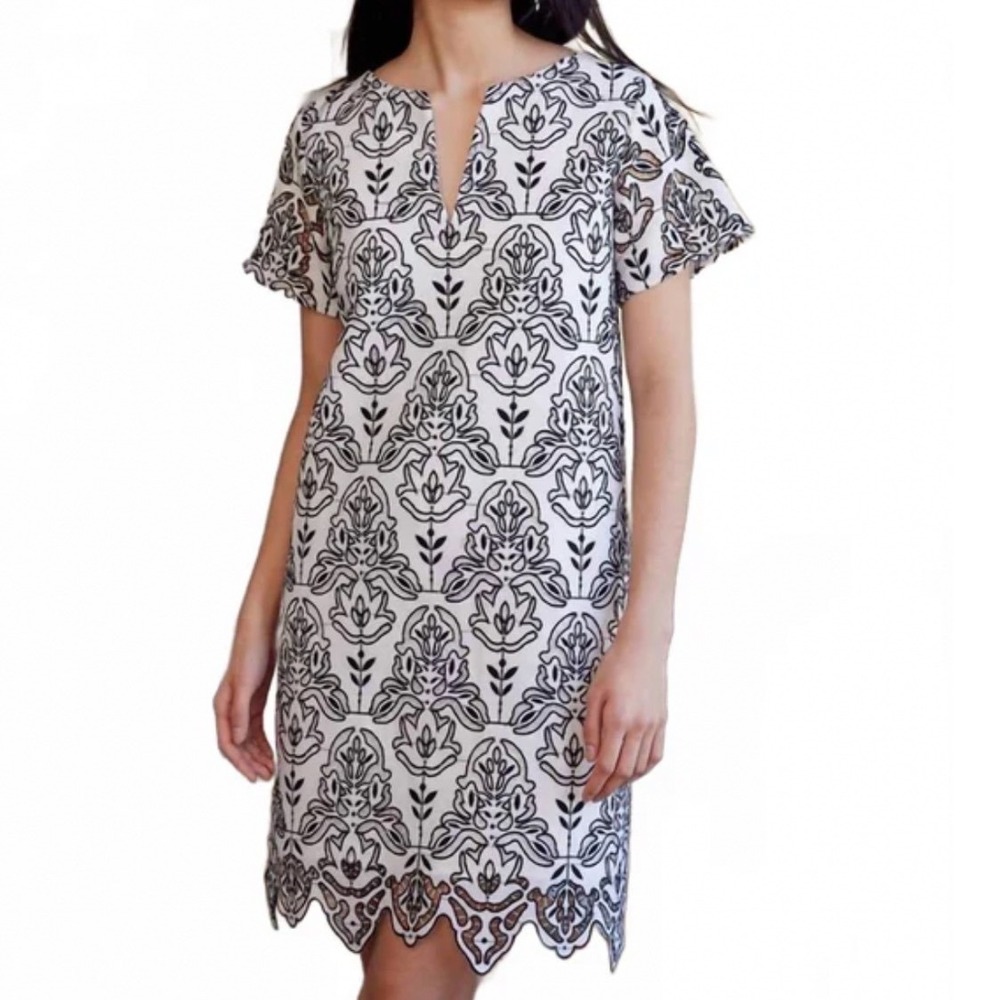 Abbey Glass White Black Embroidered Scalloped Hem Shift Dress Size L NWT Preppy